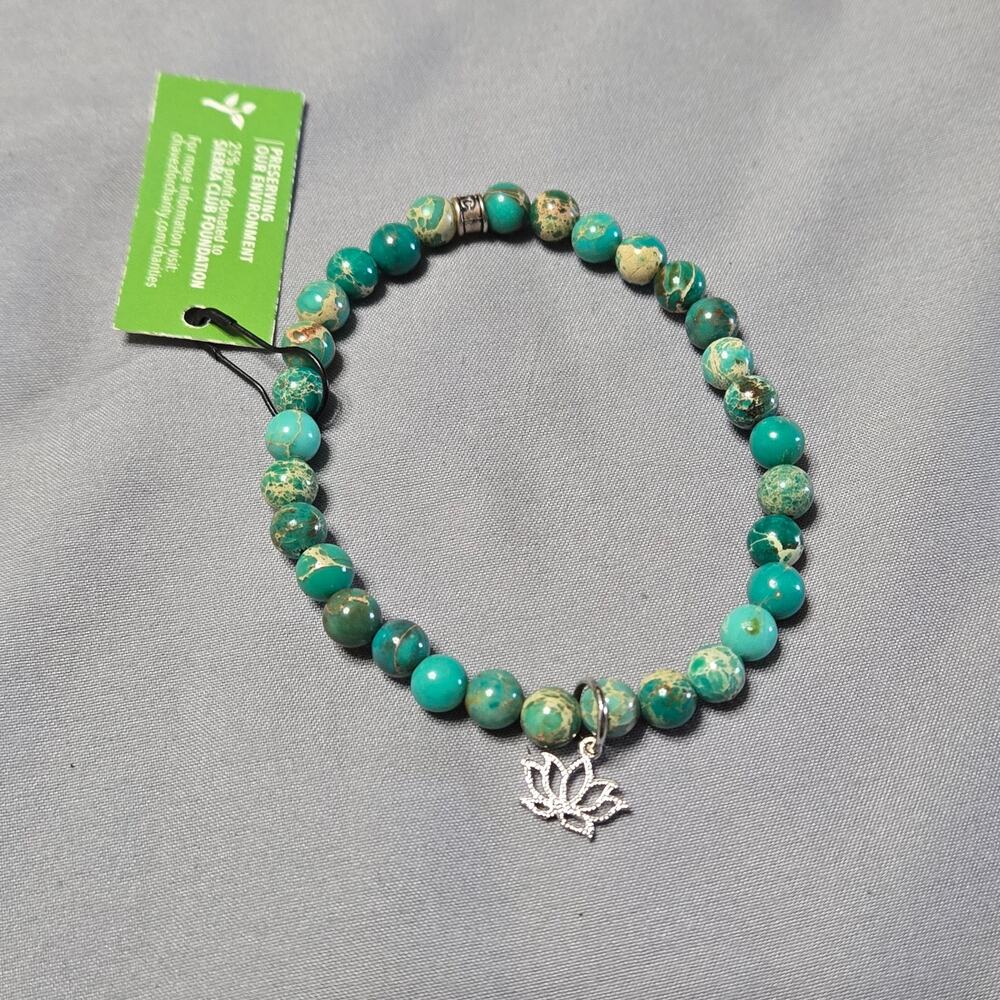 Chavez for Charity Green Imperial Jasper Beaded Bracelet with Silver Lotus Charm